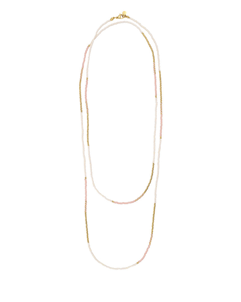 Long Beaded Wrap Necklace - Vintage Pink & Pearl