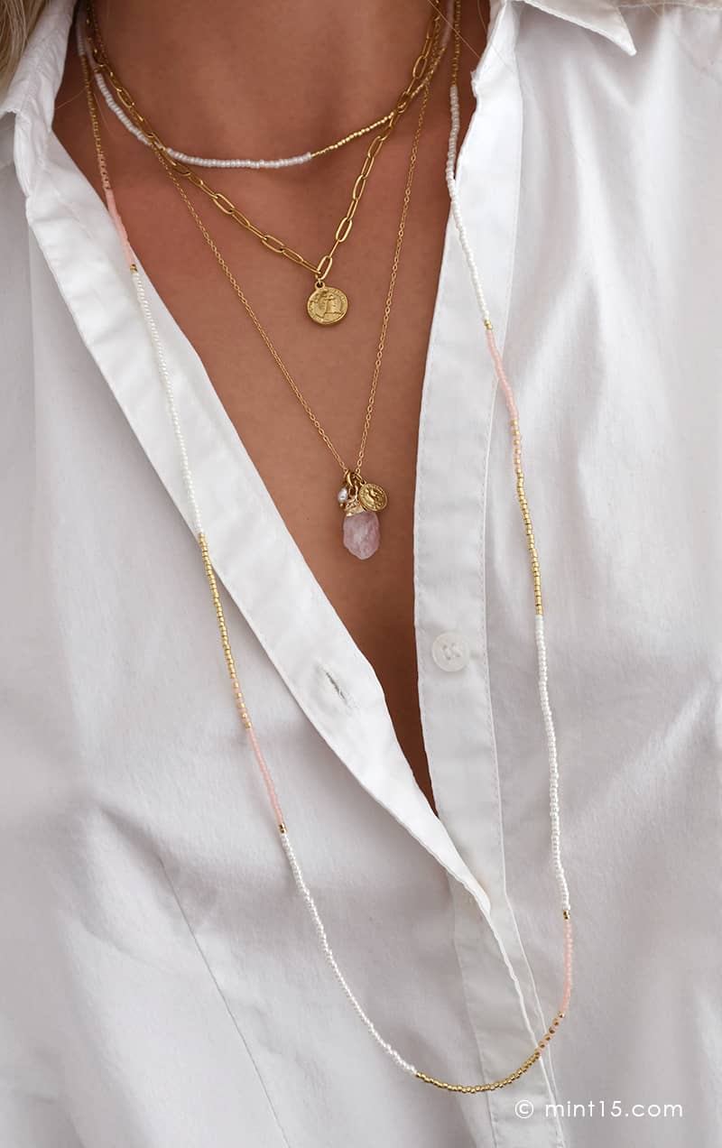 Long Beaded Wrap Necklace - Vintage Pink & Pearl